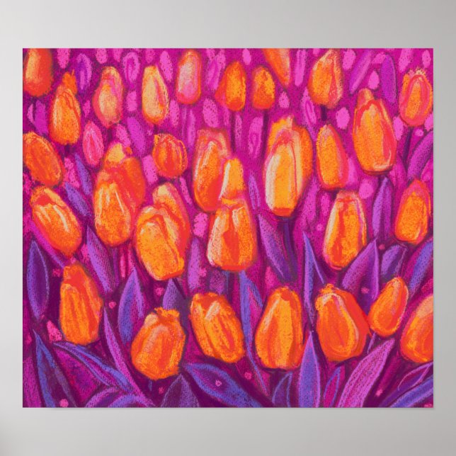 Tulips Fält, Vår blommor Blommigt Orange Lila Poster (Framsidan)