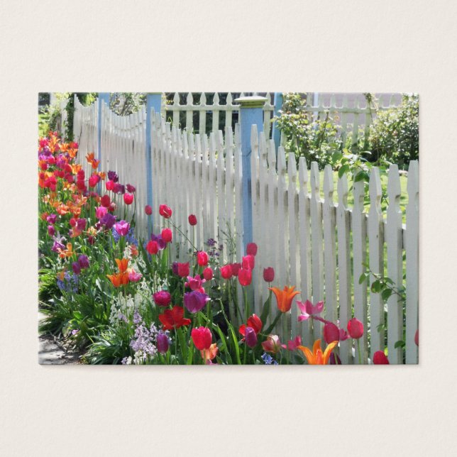 Tulips Garden Along White Picket Fence Visitkort (Framsidan)