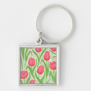 Tulips i rött och grönt fyrkantig silverfärgad nyckelring