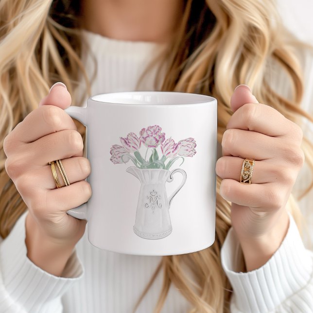 Tulips in Pitcher Ceramic Kaffemugg (Pink Tulips in pitcher personalized mug)