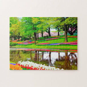 Tulips in Springtime Garden Pond Colorful Pussel