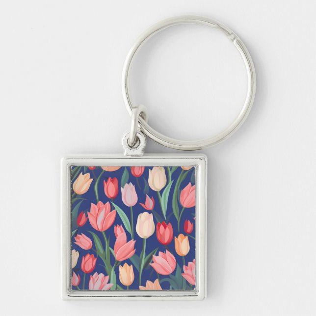 Tulips mönster. fyrkantig silverfärgad nyckelring (Framsidan)