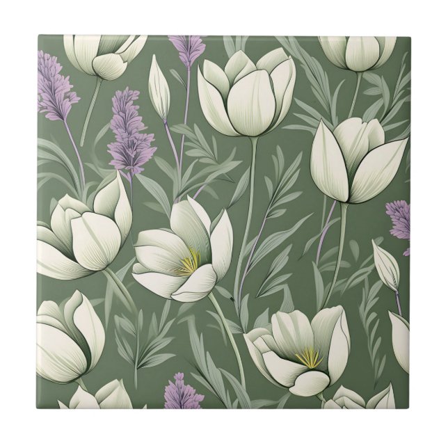 Tulips och lavender på Grönt Kakelplatta (Framsidan)