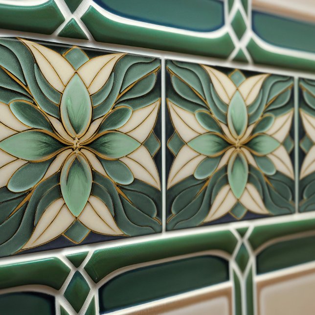 Tulips på Sage Symmetric Art nouveau Ceramic Tile Kakelplatta (Skapare uppladdad)