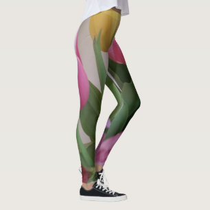 Tulips Rosa Grönt Gula blommor Blommigt Leggings