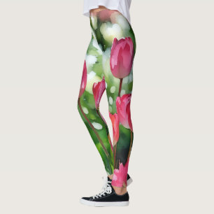Tulips Rosa och Grönt Watercolor Art Leggings