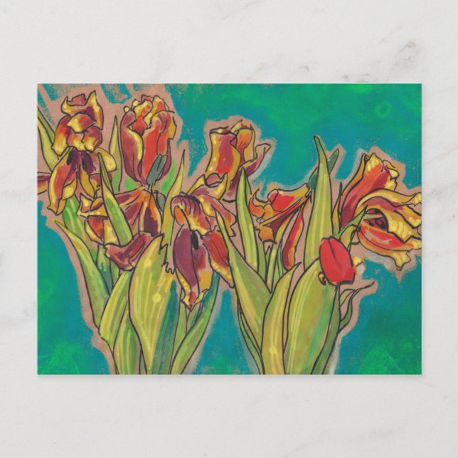 Tulips Sketch, Vår blommor Blommigt Art Pastels Vykort (Framsida)