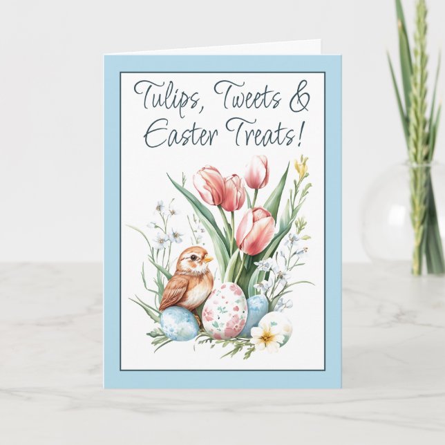 Tulips, tweets och Påsk-trettar, blå, mappade Helgkort (Framsida)