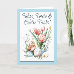 Tulips, tweets och Påsk-trettar, blå, mappade Helgkort