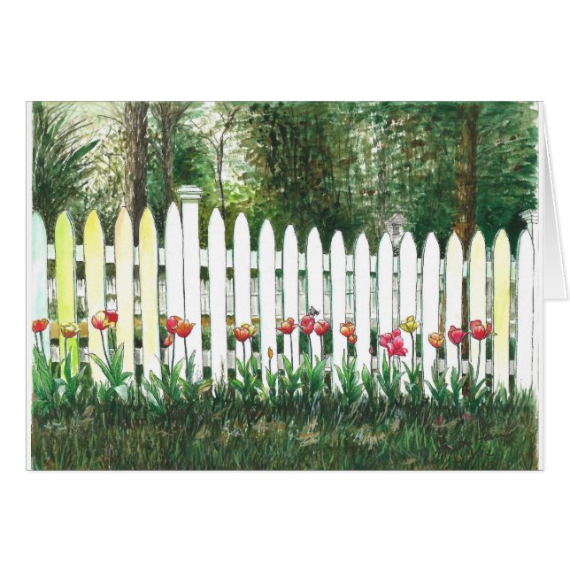 Tulips vid det vita stängslet hälsningskort (Framsidan Horizontal)
