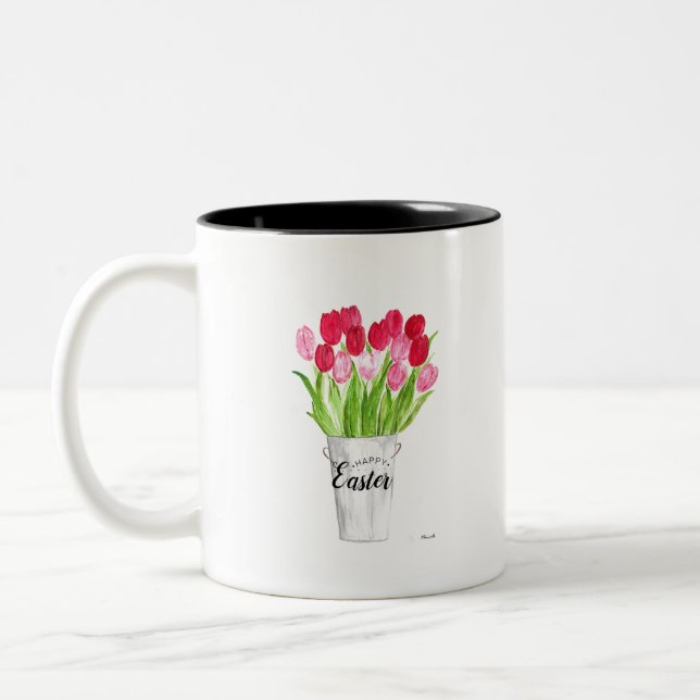 Tulips Watercolor Rosa Blommigt Glad påsk Två-Tonad Mugg (Vänster)