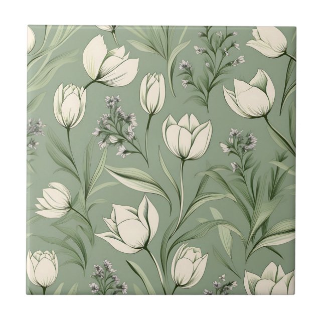 Tuliska med Löv på Grönten Ljussida Kakelplatta (Framsidan)