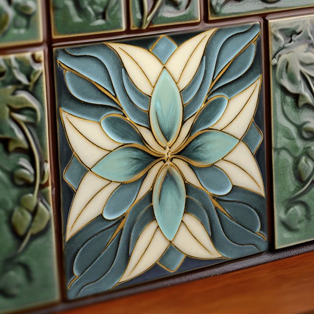 Tuliska på Muted Blue Art nouveau White Kakelplatta (Skapare uppladdad)