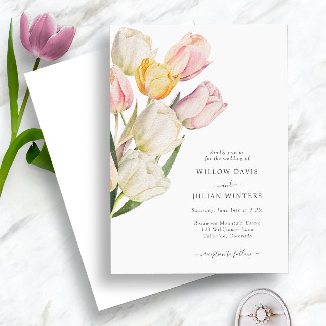 Tulpan Elegant Bröllop Inbjudningar (Elegant Watercolor Tulip Wedding Invitation by Painted Paperie
)