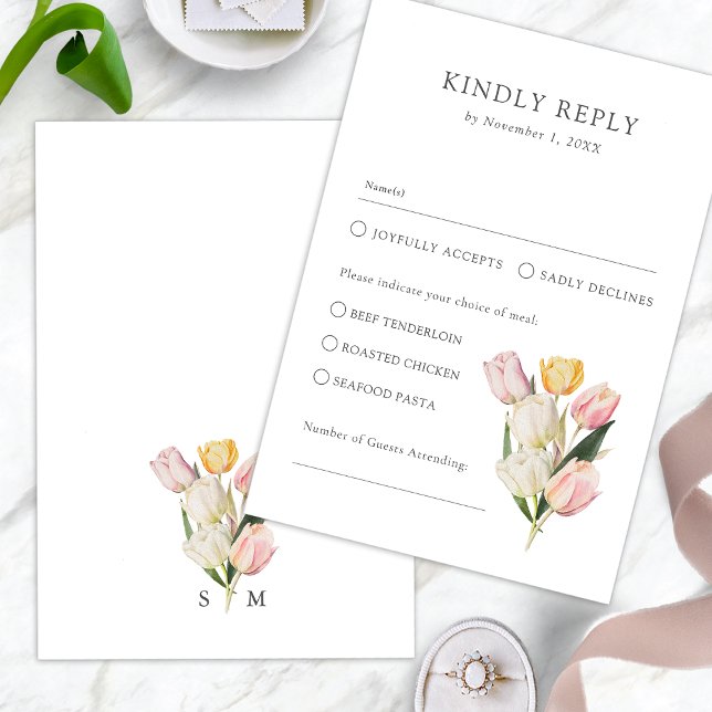 Tulpan Elegant RSVP-kort OSA Kort (Watercolor Tulip Elegant RSVP Card Monogram by Painted Paperie
)
