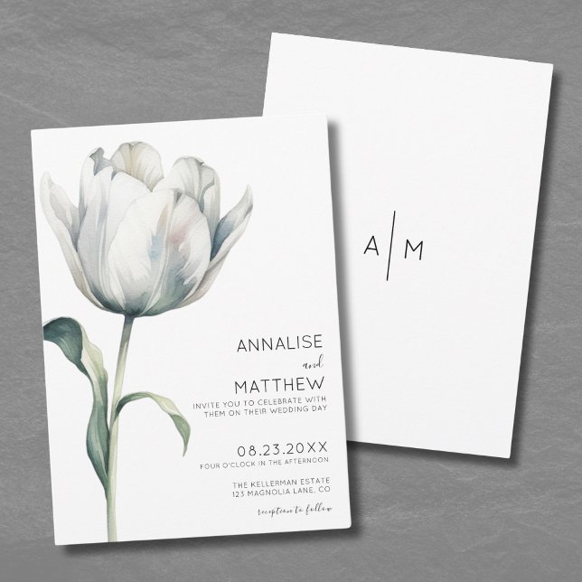 Tulpan Elegant Vit Blommig Bröllop Inbjudningar (Spring Tulip Elegant Modern White Floral Wedding Invitation)