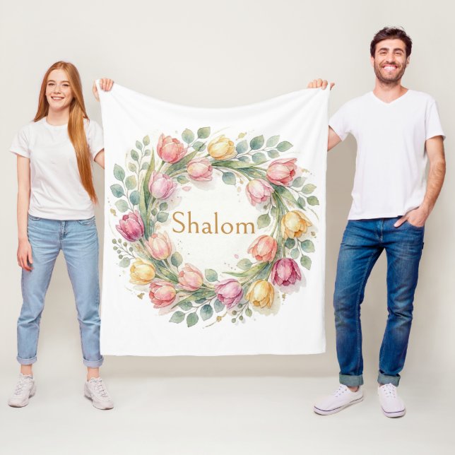 Tulpaner Eukalyptuskrans, Shalom Watercolor Guld Fleecefilt (På plats)
