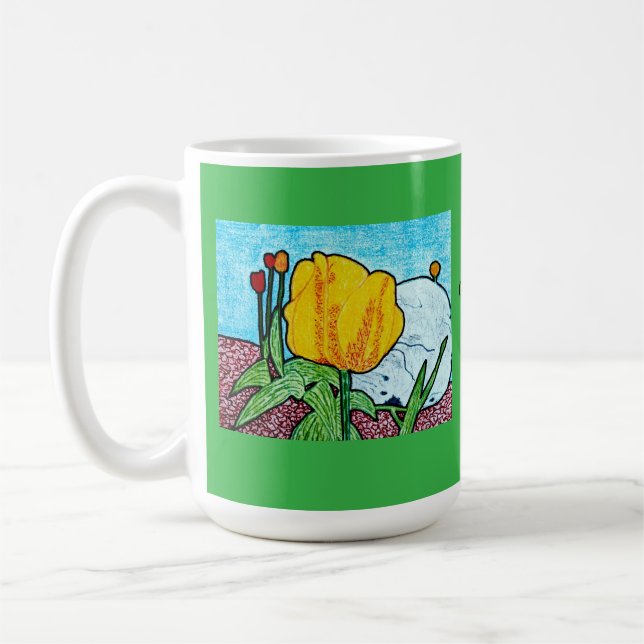 Tulpaner i en trädgård Kelly Green Kaffemugg (Vänster)