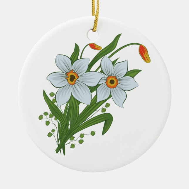 Tulpaner och Narcisser Blommor Julgransprydnad Keramik (Framsidan)