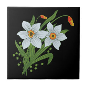 Tulpaner och Narcisser Blommor Svart Bakgrund Kakelplatta