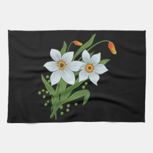 Tulpaner och Narcisser Blommor Svart Bakgrund Kökshandduk