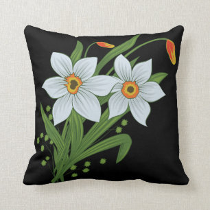 Tulpaner och Narcisser Blommor Svart Bakgrund Kudde