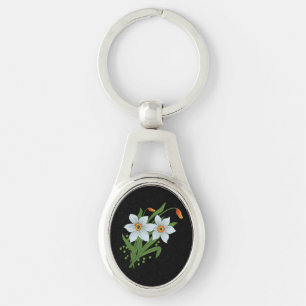 Tulpaner och Narcisser Blommor Svart Bakgrund Ovalt Silverfärgad Nyckelring