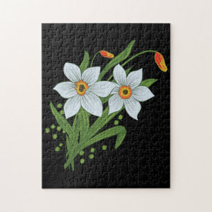 Tulpaner och Narcisser Blommor Svart Bakgrund Pussel