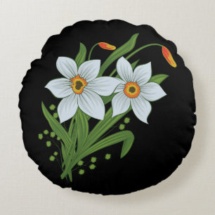 Tulpaner och Narcisser Blommor Svart Bakgrund Rund Kudde
