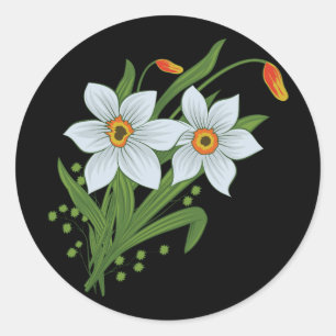 Tulpaner och Narcisser Blommor Svart Bakgrund Runt Klistermärke