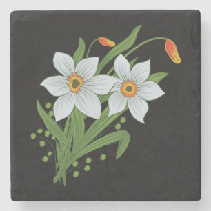 Tulpaner och Narcisser Blommor Svart Bakgrund Stenunderlägg