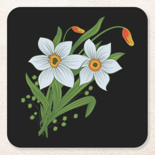 Tulpaner och Narcisser Blommor Svart Bakgrund Underlägg Papper Kvadrat