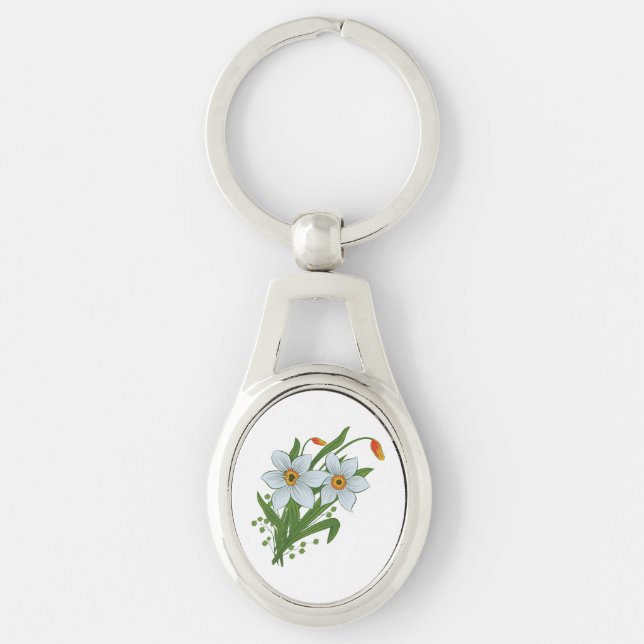 Tulpaner och påskliljor blommor ovalt silverfärgad nyckelring (Framsidan)