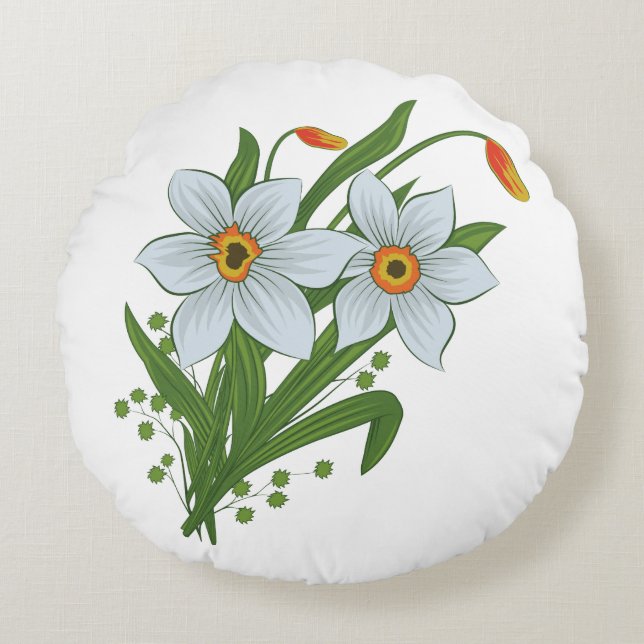 Tulpaner och påskliljor blommor rund kudde (Framsidan)