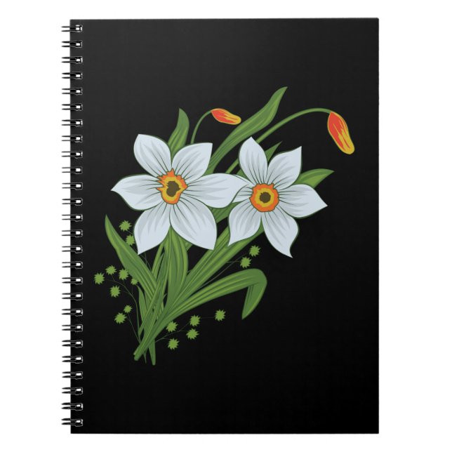 Tulpaner och påskliljor Blommor Svart Bakgrund Anteckningsbok (Framsidan)