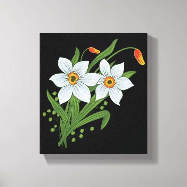 Tulpaner och påskliljor Blommor Svart Bakgrund Canvastryck (Framsida)