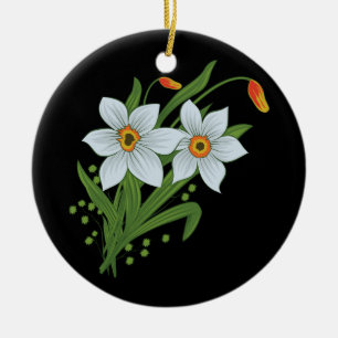 Tulpaner och påskliljor Blommor Svart Bakgrund Julgransprydnad Keramik