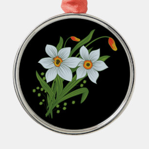 Tulpaner och påskliljor Blommor Svart Bakgrund Julgransprydnad Metall