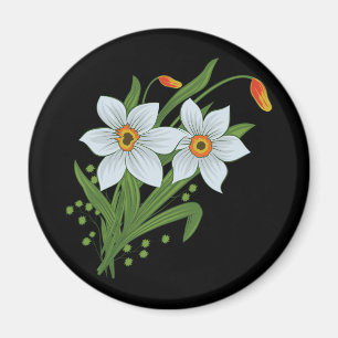Tulpaner och påskliljor Blommor Svart Bakgrund Magnet