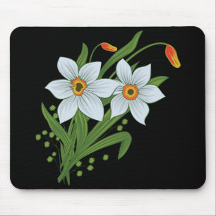 Tulpaner och påskliljor Blommor Svart Bakgrund Musmatta