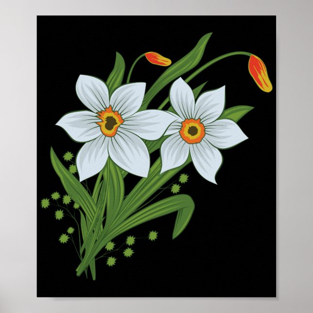 Tulpaner och påskliljor blommor svart bakgrund poster (Framsidan)