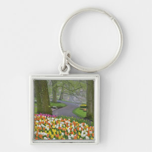 Tulpaner och väg, Keukenhof Gardens, Lisse, Fyrkantig Silverfärgad Nyckelring