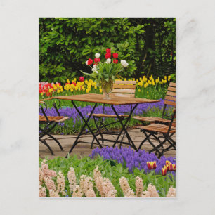 Tulpaner på bord i trädgården, Keukenhof Gardens, Vykort