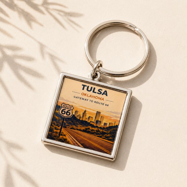 Tulsa Gateway Route 66 Skyline Minne Fyrkantig Silverfärgad Nyckelring (Skapare uppladdad)