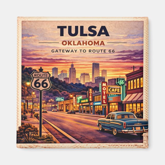 Tulsa Neon Route 66 Kylskåp Flashback Magnet (Framsidan)