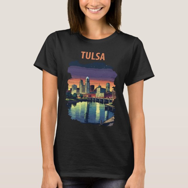 Tulsa Oklahoma Stadssiluett Neon Resa T Shirt (Framsida)