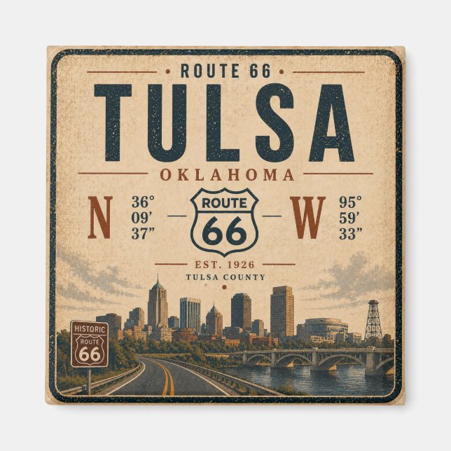 Tulsa Route 66 Kylskåp Koordinater Landmärke Magnet (Framsidan)