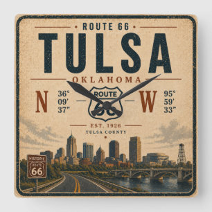 Tulsa Route 66 Time Traveler Fyrkantig Klocka