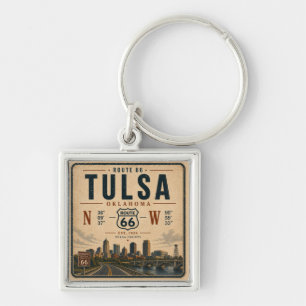 Tulsa Route 66 Viktiga Koordinater Resenär Fyrkantig Silverfärgad Nyckelring