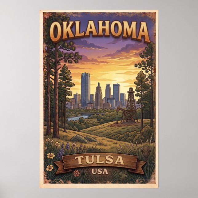 Tulsa Skyline Sunset Illustration Poster (Framsidan)
